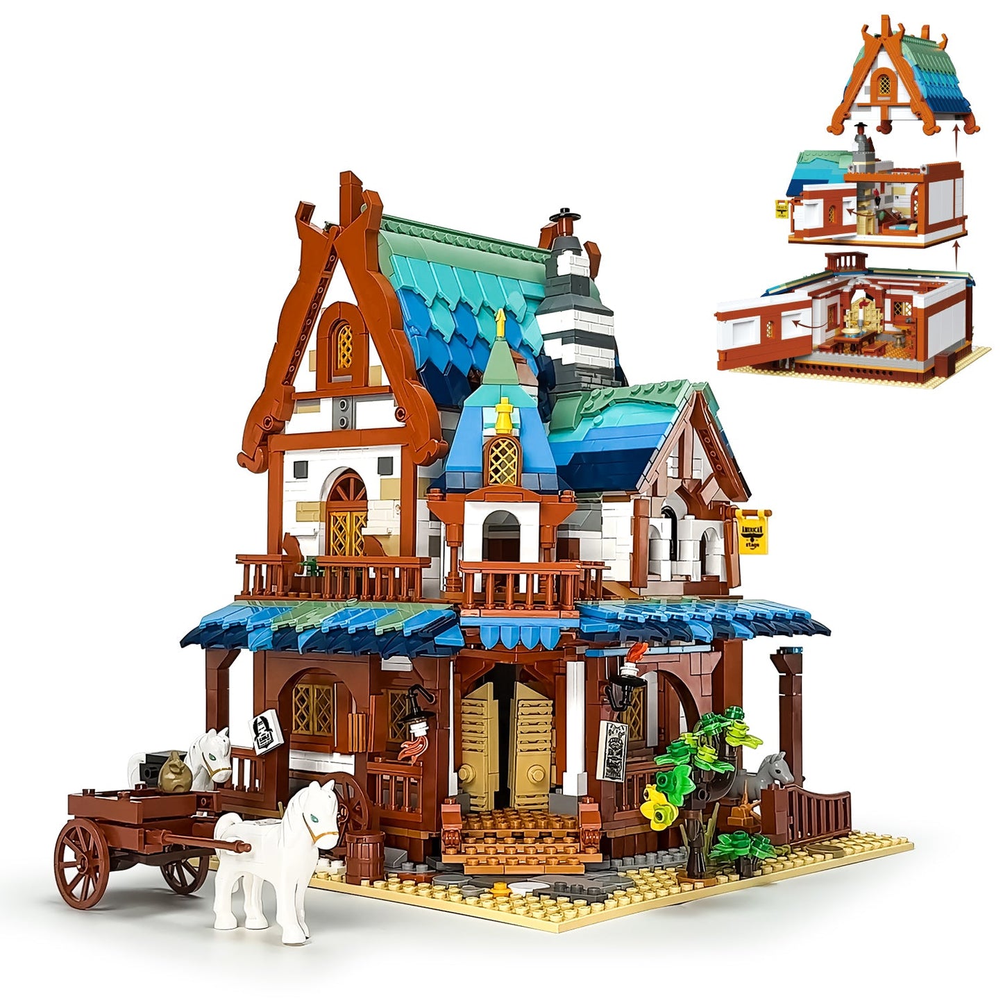 Medieval Architecture Coaching Inn Building Blocks, Collectible Gift Toy Model Set with Light (1767 Pcs)