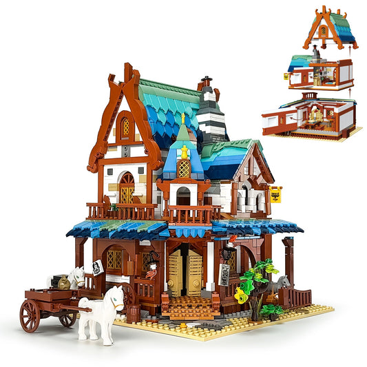 Medieval Architecture Coaching Inn Building Blocks, Collectible Gift Toy Model Set with Light (1767 Pcs)