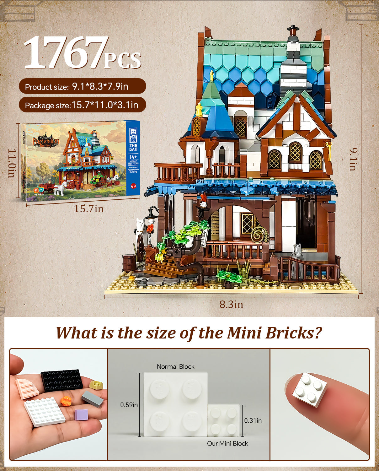 Medieval Architecture Coaching Inn Building Blocks, Collectible Gift Toy Model Set with Light (1767 Pcs)