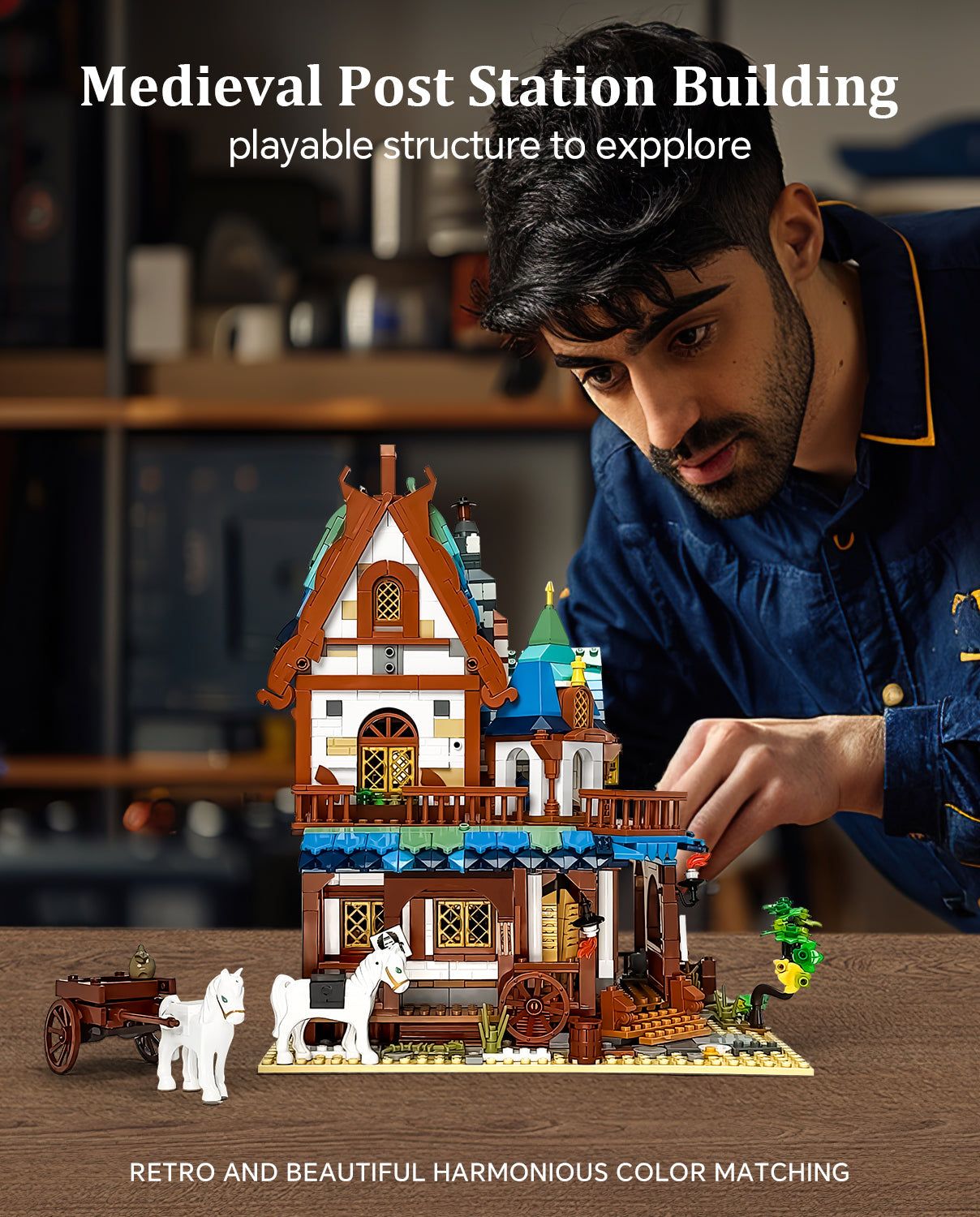 Medieval Architecture Coaching Inn Building Blocks, Collectible Gift Toy Model Set with Light (1767 Pcs)