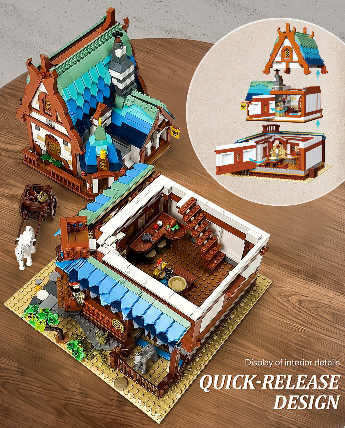 Medieval Architecture Coaching Inn Building Blocks, Collectible Gift Toy Model Set with Light (1767 Pcs)