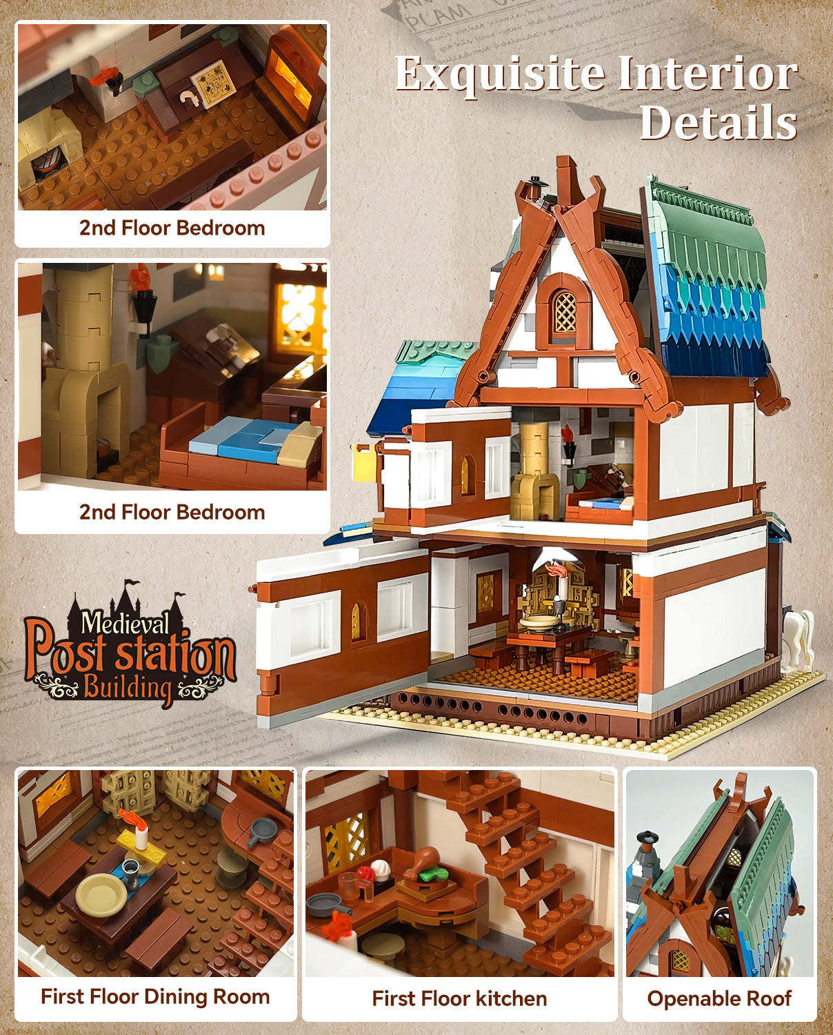 Medieval Architecture Coaching Inn Building Blocks, Collectible Gift Toy Model Set with Light (1767 Pcs)