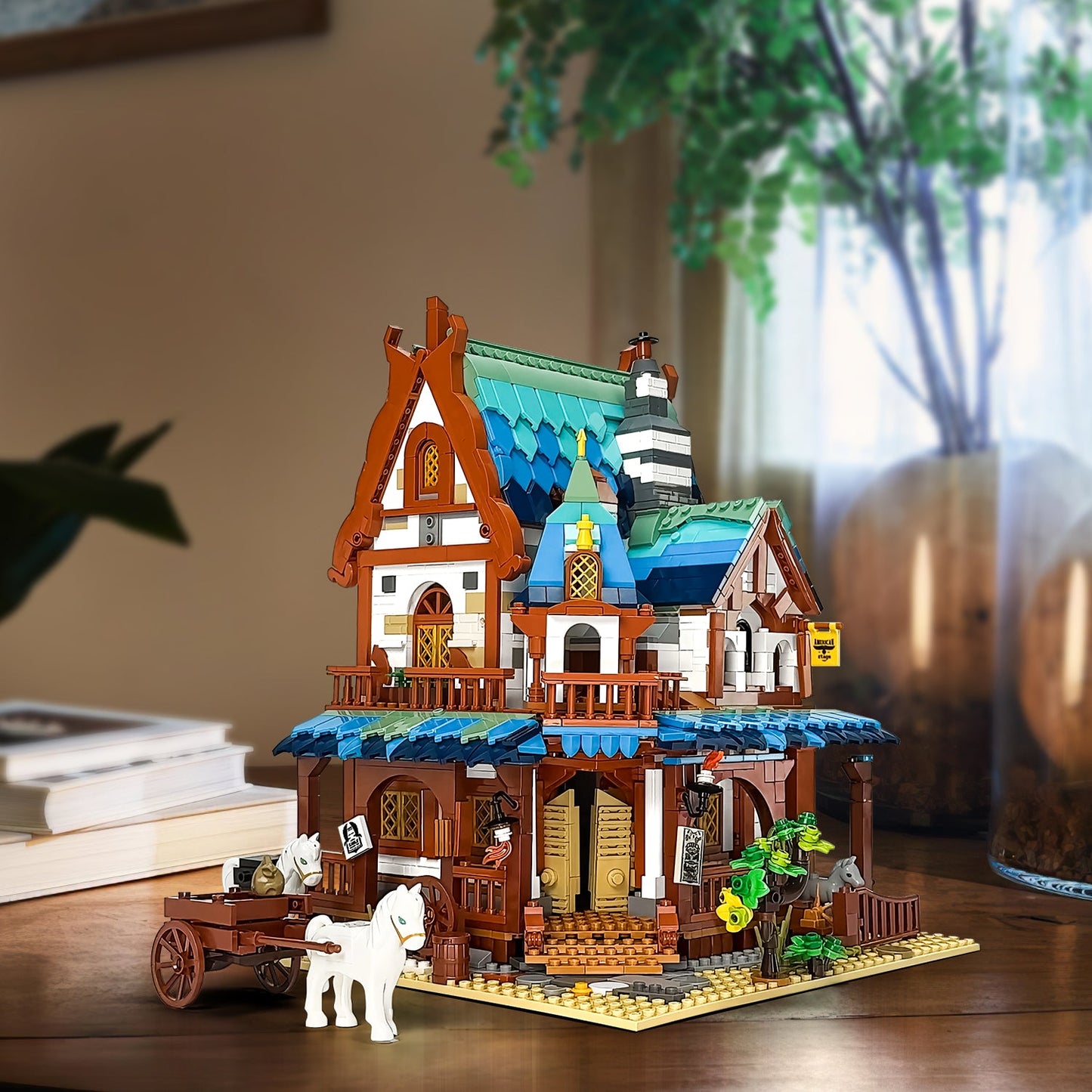 Medieval Architecture Coaching Inn Building Blocks, Collectible Gift Toy Model Set with Light (1767 Pcs)