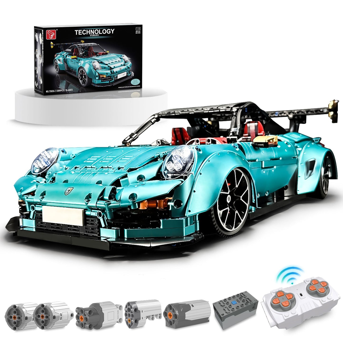 1:8 Blue Porsche GT2 RS with Electric Suspension Lifting, Electric Doors Remote Control Model (3389 Pcs)