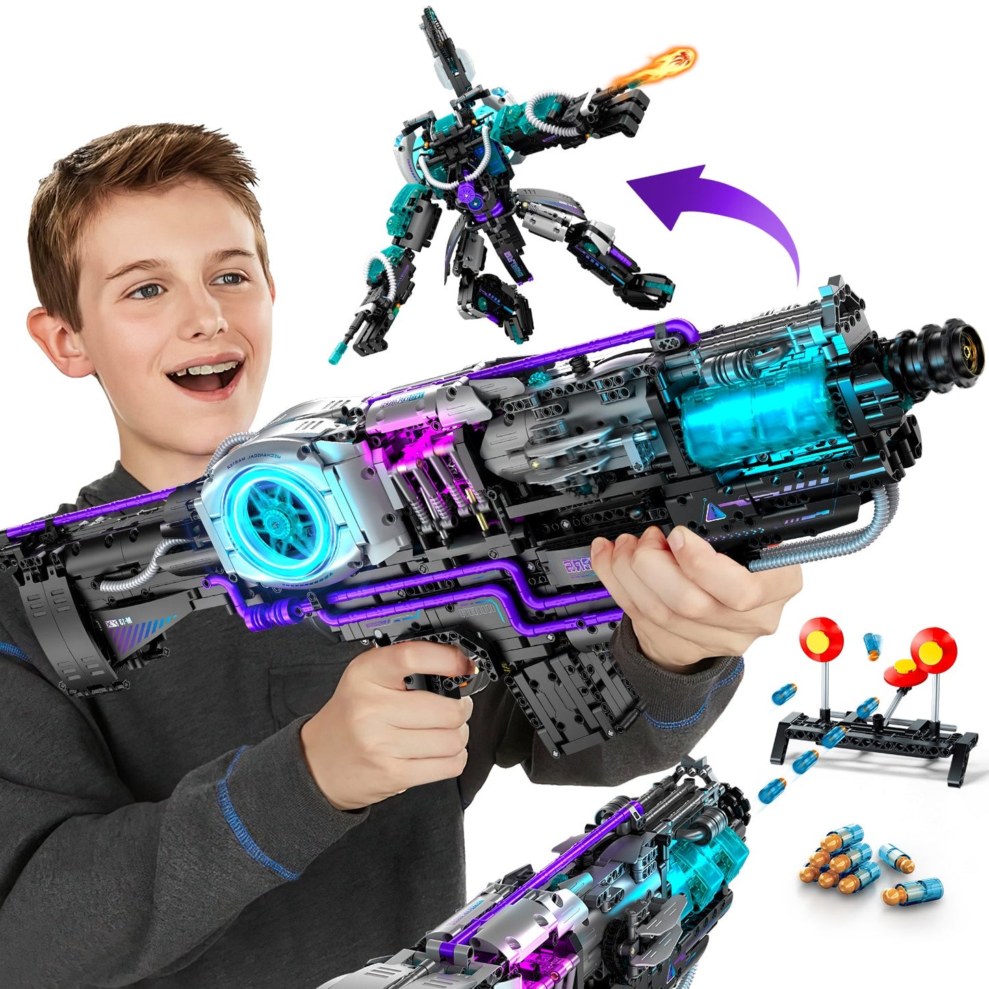 2 in 1 Transforming Electric Space Gun and Robot Building Toy, Futuristic Mechanical Interactions and Lighting Effects (3037 Pcs)