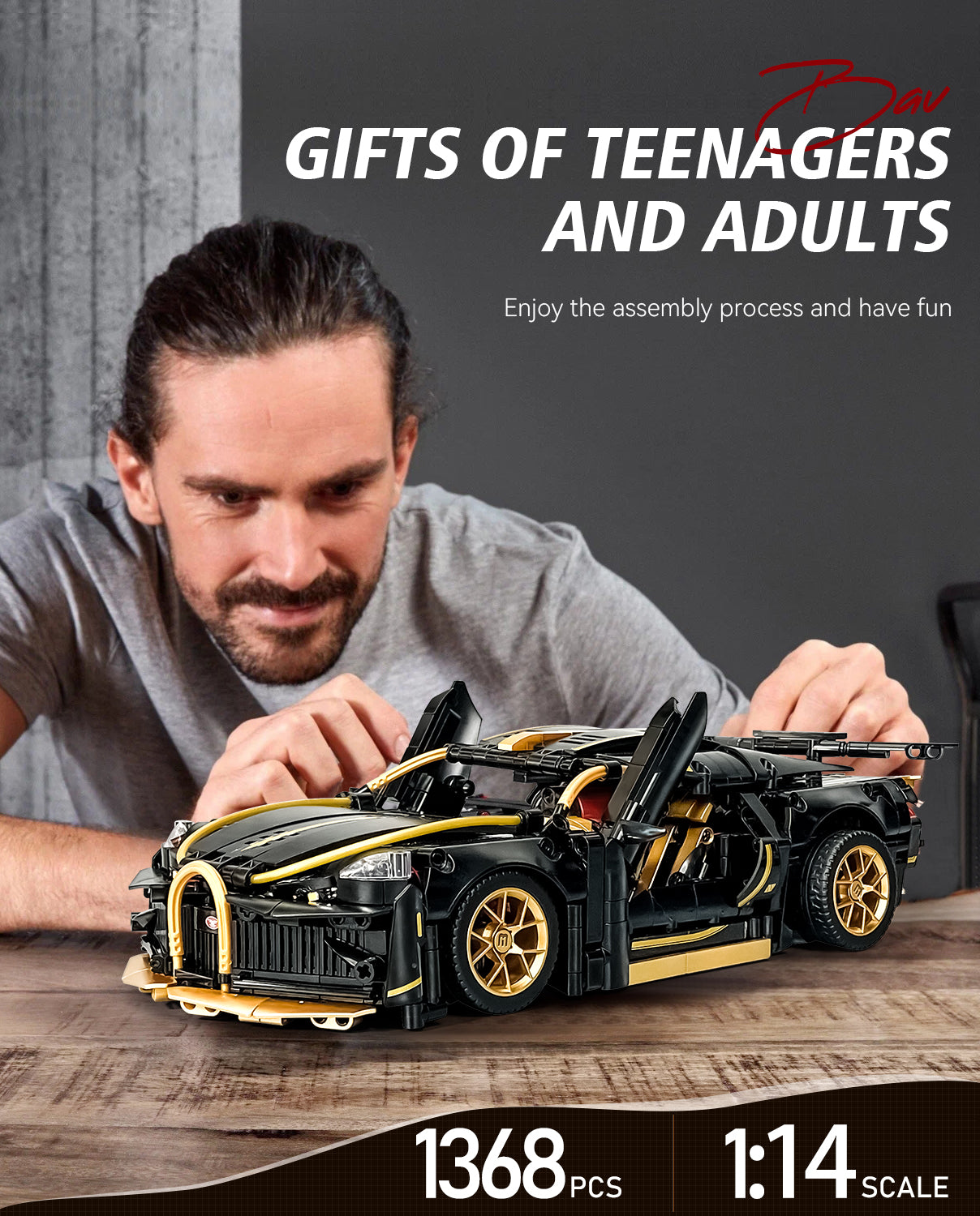 1:14 Black Bugatti Sets, Toy Sports Car for Boys Men Teens (1368Pcs)