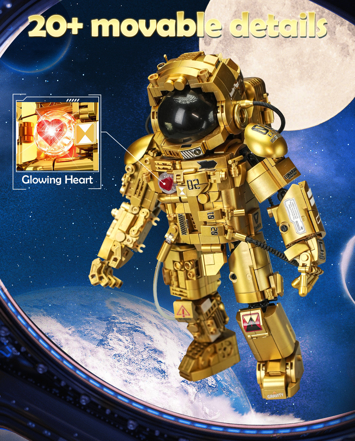 Gold Astronaut Building Sets with Variable Light Blocks, Space Exploration Model with Display Stand - BAV BRICK