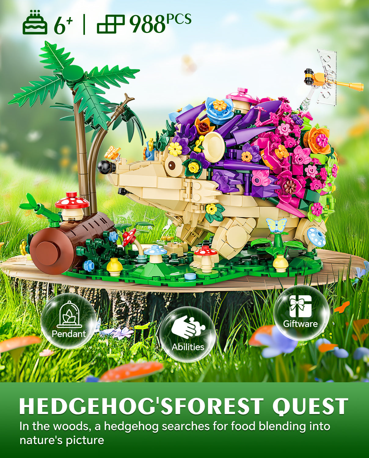 Hedgehog Flowers Building Set, Cute Insects Animals Collection Model Jungle Animal Crossing Building Kit (988 Pcs)