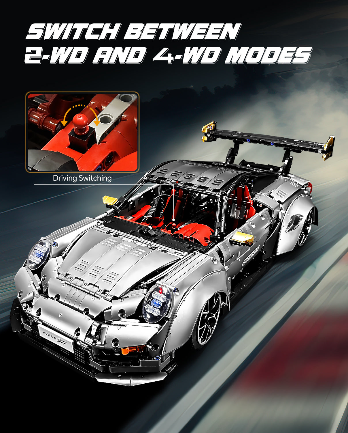 1:8 Sliver Porsche GT2 RS with Electric Suspension Lifting, Electric Doors Remote Control Model (3389 Pcs)