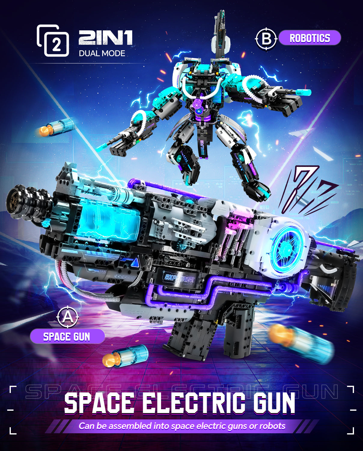 2 in 1 Transforming Electric Space Gun and Robot Building Toy, Futuristic Mechanical Interactions and Lighting Effects (3037 Pcs)