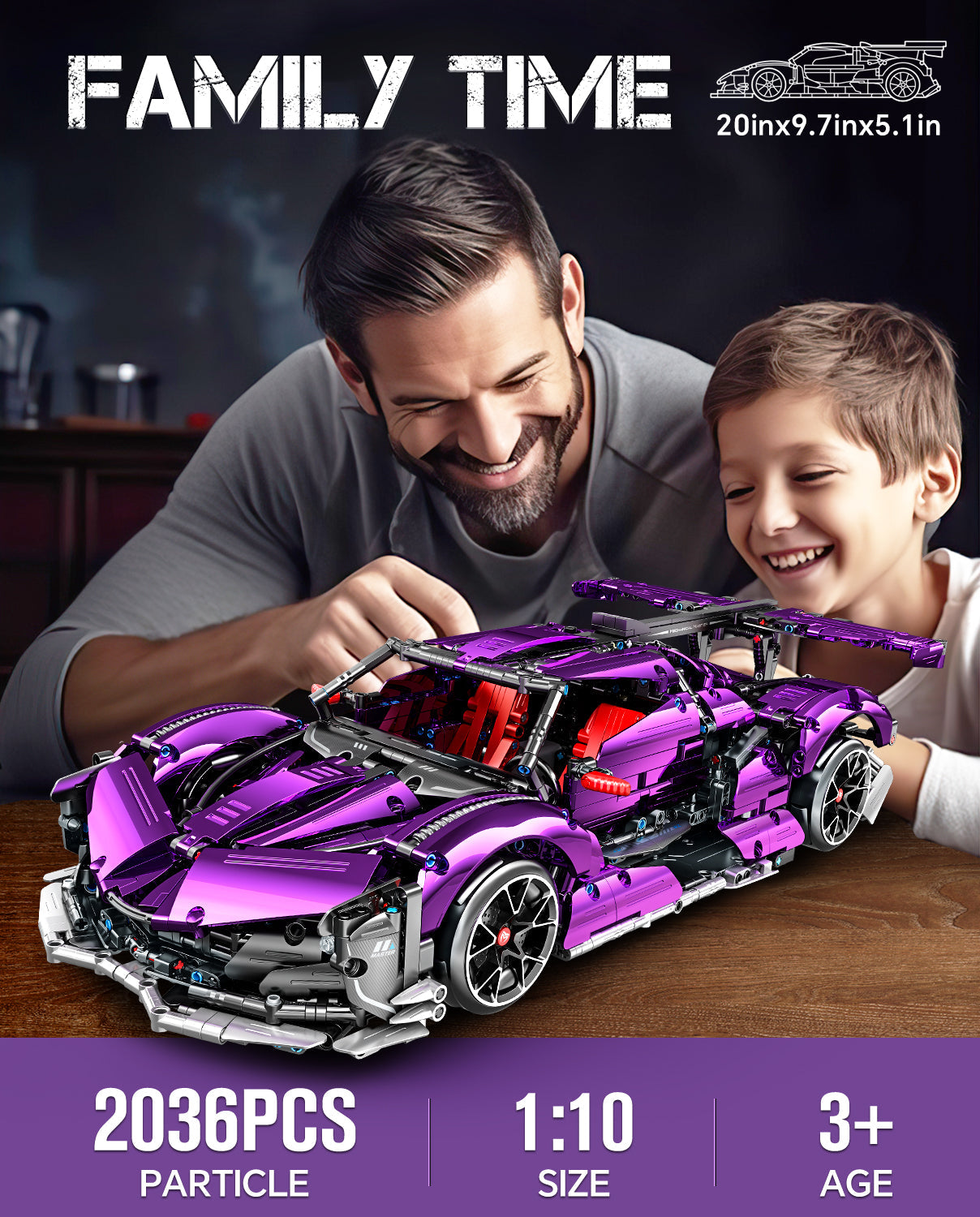 Apollo Purple Sports Car Building Sets, Remote Control Drift, Electric gullwing doors, 2036 Pcs - BAV BRICK