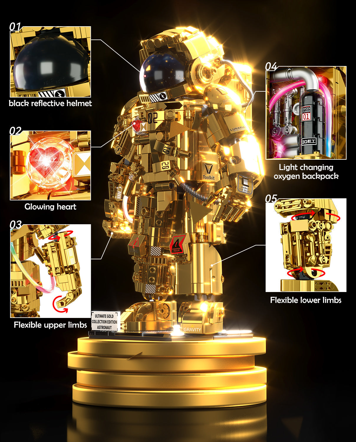 Gold Astronaut Building Sets with Variable Light Blocks, Space Exploration Model with Display Stand - BAV BRICK