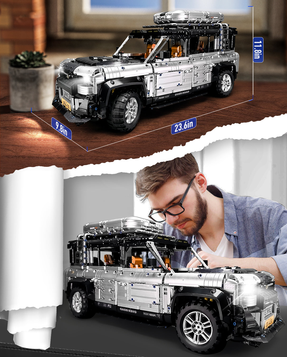 1:8 Land Rover Silver Off-Road MOC Building Blocks and Electric Engineering Toy, Remote Control (5268 Pcs)