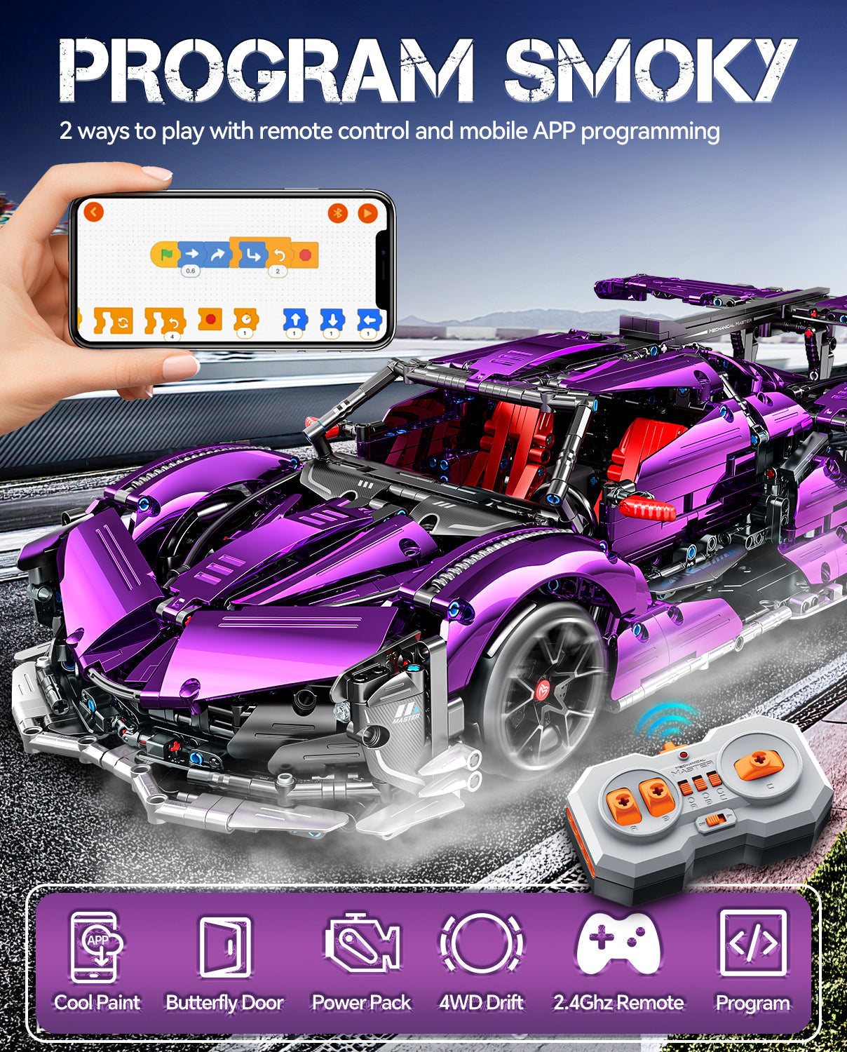 Apollo Purple Sports Car Building Sets, Remote Control Drift, Electric gullwing doors, 2036 Pcs - BAV BRICK