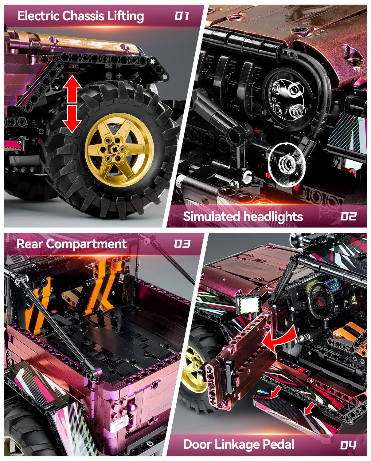 Jeep Wrangler Plated Off-Road Pickup with Electric Chassis Lifting, 1:10 MOC Remote Control Truck, 2088 Pcs - BAV BRICK