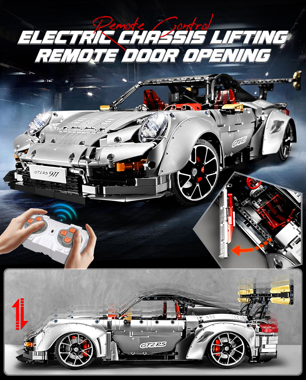 1:8 Sliver Porsche GT2 RS with Electric Suspension Lifting, Electric Doors Remote Control Model (3389 Pcs)