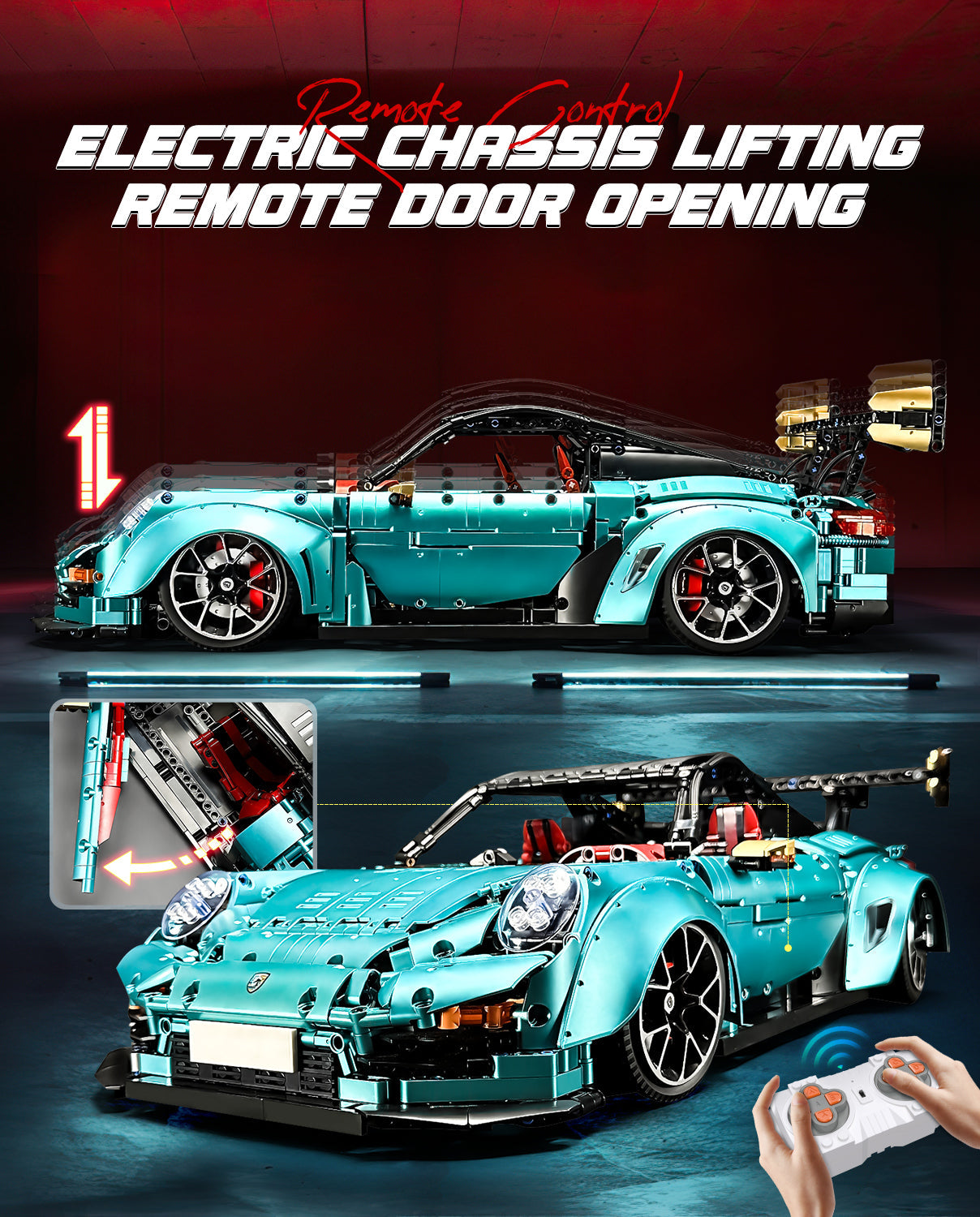 1:8 Blue Porsche GT2 RS with Electric Suspension Lifting, Electric Doors Remote Control Model (3389 Pcs)