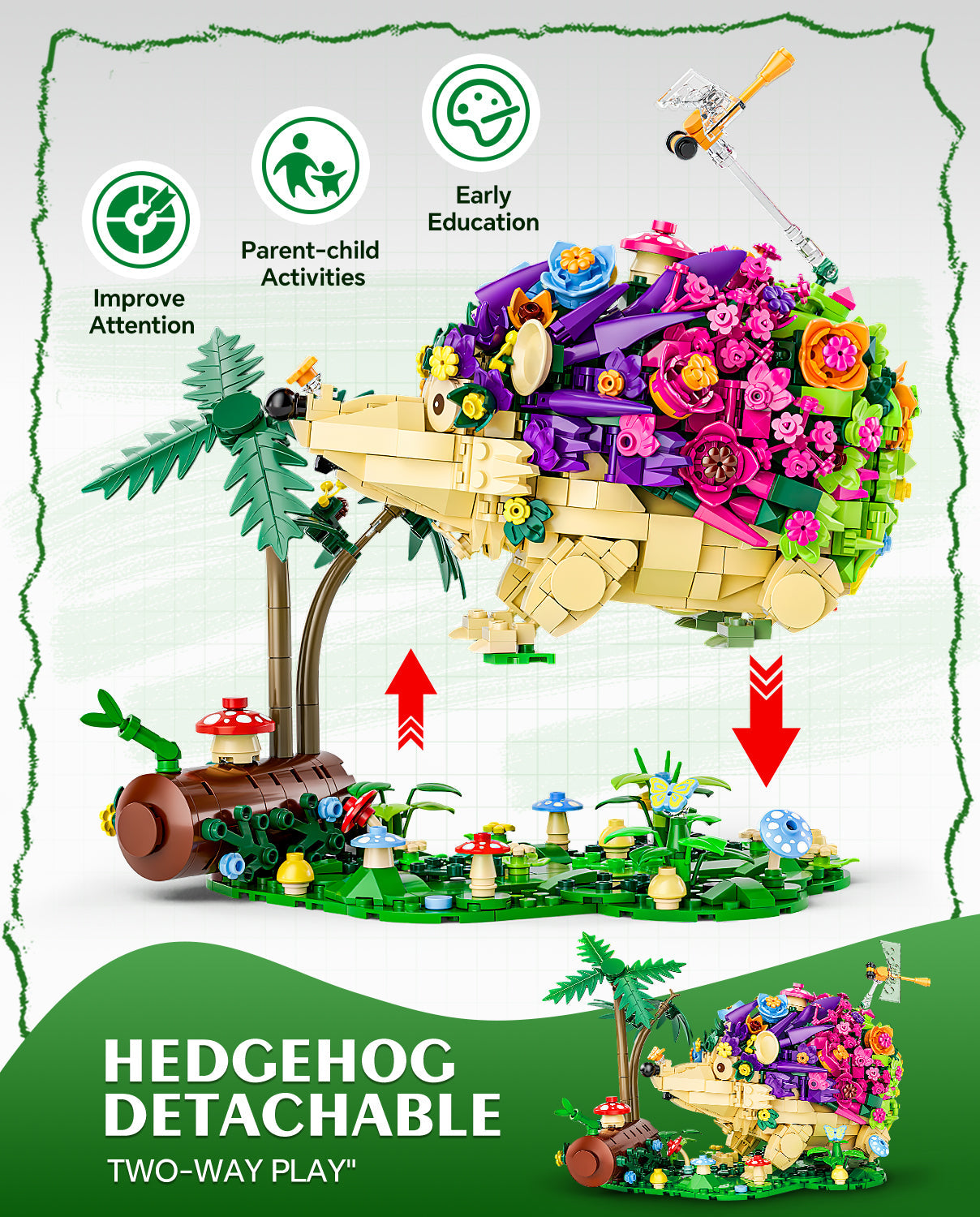 Hedgehog Flowers Building Set, Cute Insects Animals Collection Model Jungle Animal Crossing Building Kit (988 Pcs)