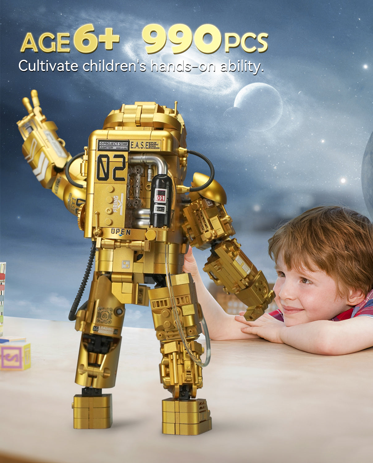 Gold Astronaut Building Sets with Variable Light Blocks, Space Exploration Model with Display Stand - BAV BRICK