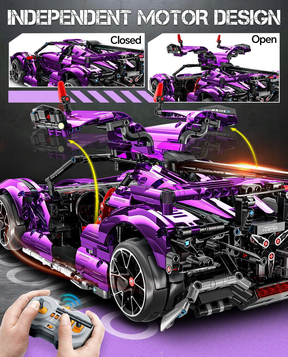 Apollo Purple Sports Car Building Sets, Remote Control Drift, Electric gullwing doors, 2036 Pcs - BAV BRICK