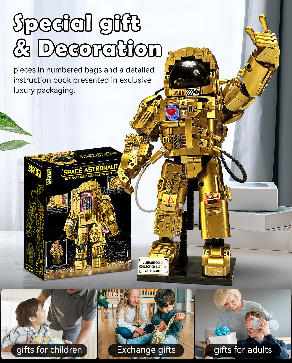 Gold Astronaut Building Sets with Variable Light Blocks, Space Exploration Model with Display Stand - BAV BRICK