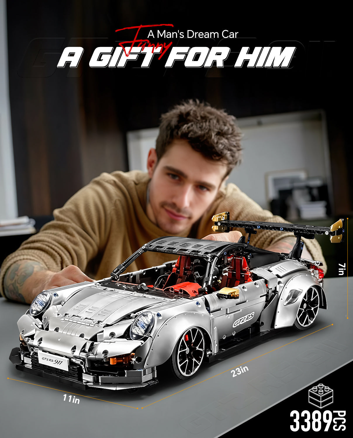 1:8 Sliver Porsche GT2 RS with Electric Suspension Lifting, Electric Doors Remote Control Model (3389 Pcs)