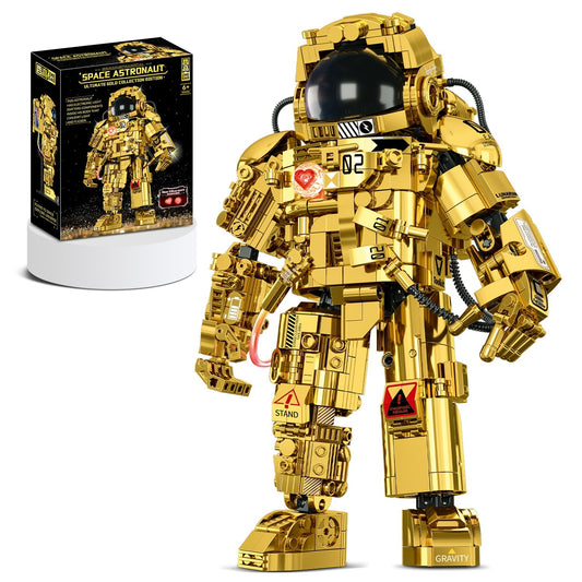 Gold Astronaut Building Sets with Variable Light Blocks, Space Exploration Model with Display Stand - BAV BRICK