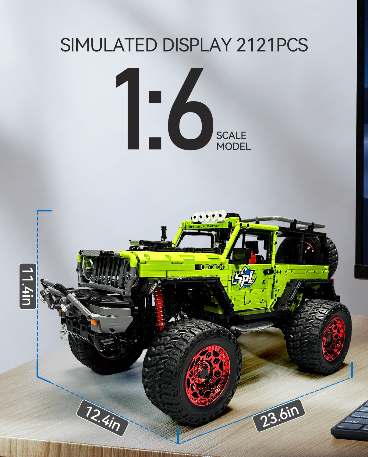 Jeep Wrangler Off-Road Pickup Building Kit with Tank Steering, 1:6 Adult Collectible Model Cars, 2121 Pcs - BAV BRICK