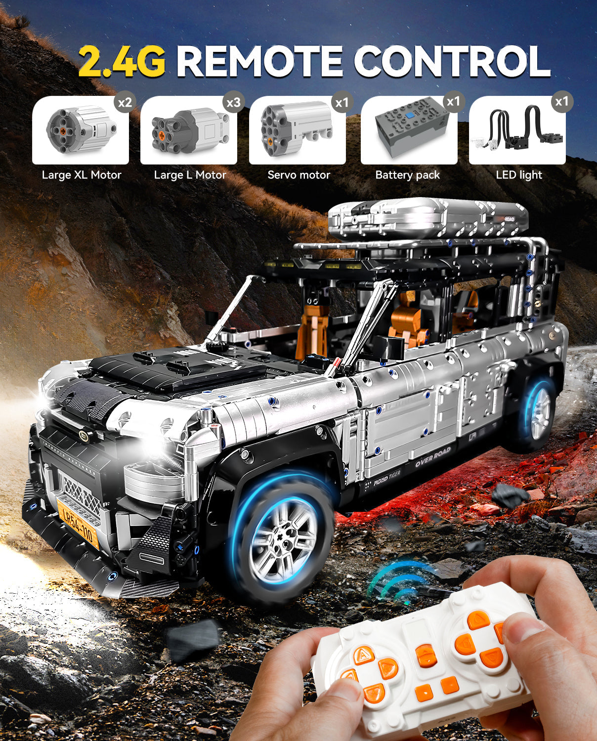 1:8 Land Rover Silver Off-Road MOC Building Blocks and Electric Engineering Toy, Remote Control (5268 Pcs)